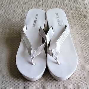 Colin Stuart Platform Wedge Sequin Sandals White, Size 10